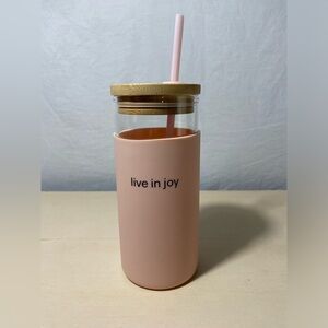 Glass “live in joy” tumbler w/ silicone cover